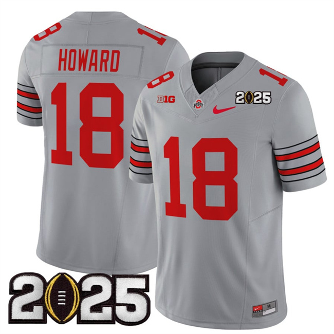 Men Ohio State Buckeyes #18 Will Howard Grey 2025 CFP Final Patch F.U.S.E. Vapor Limited Stitched NCAA Jersey